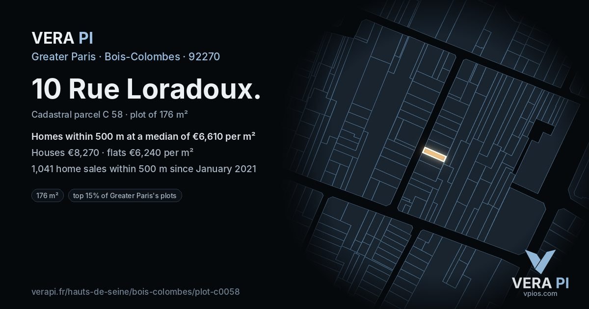 10 Rue Loradoux, Bois-Colombes at night – the plot lit, the parcels around coloured by the prices near them