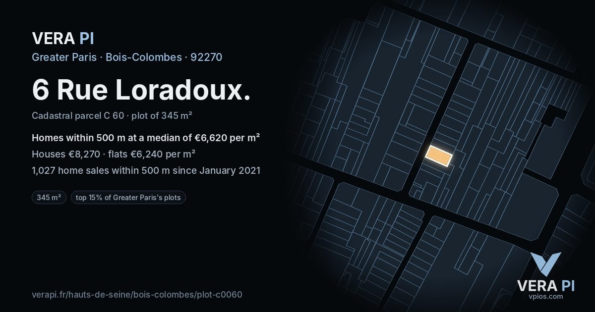6 Rue Loradoux, Bois-Colombes at night – the plot lit, the parcels around coloured by the prices near them