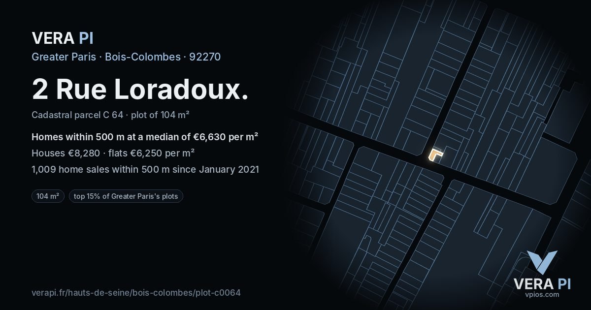 2 Rue Loradoux, Bois-Colombes at night – the plot lit, the parcels around coloured by the prices near them
