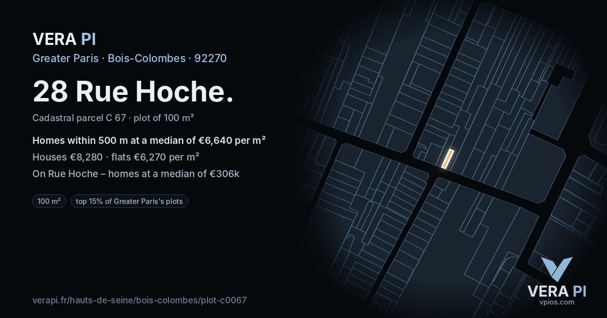 28 Rue Hoche, Bois-Colombes at night – the plot lit, the parcels around coloured by the prices near them