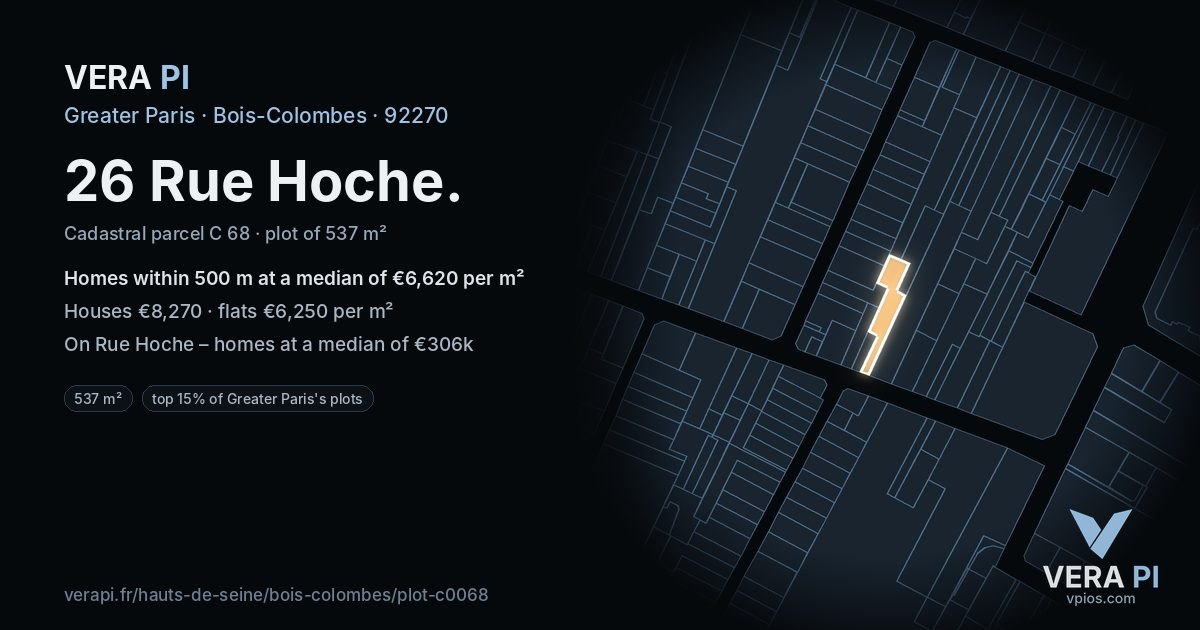 26 Rue Hoche, Bois-Colombes at night – the plot lit, the parcels around coloured by the prices near them