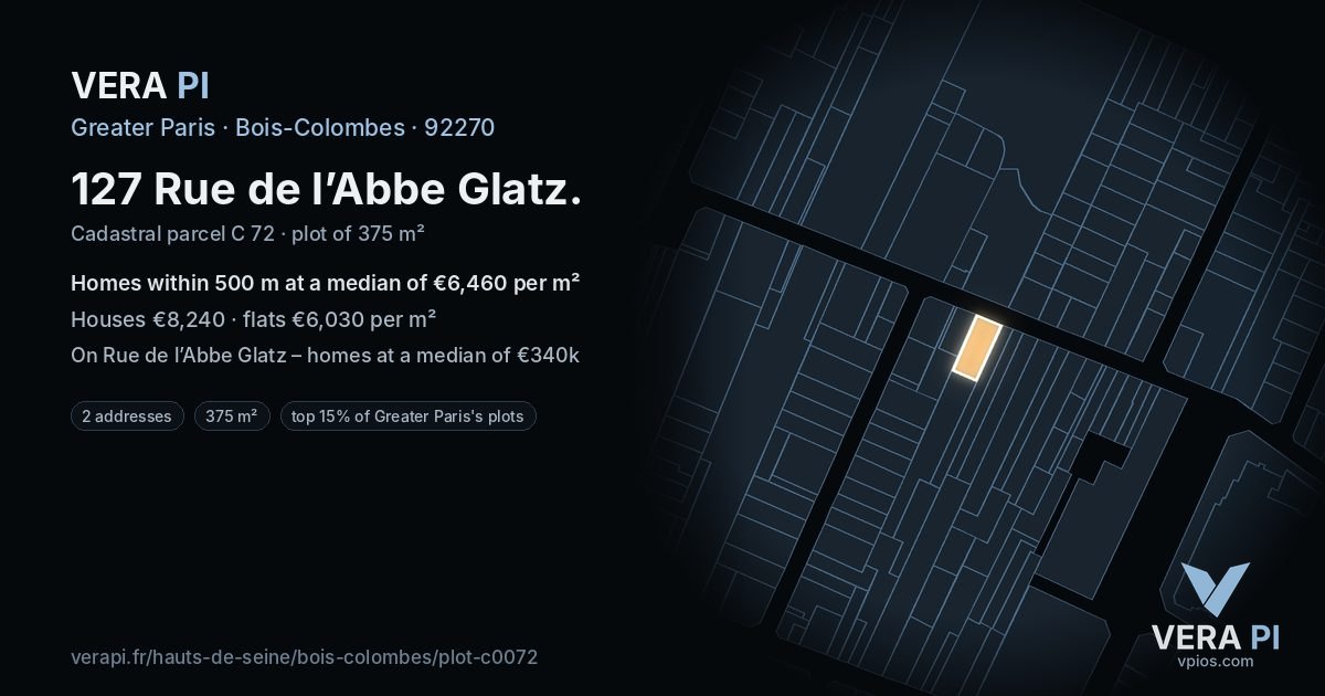 127 Rue de l’Abbe Glatz, Bois-Colombes at night – the plot lit, the parcels around coloured by the prices near them