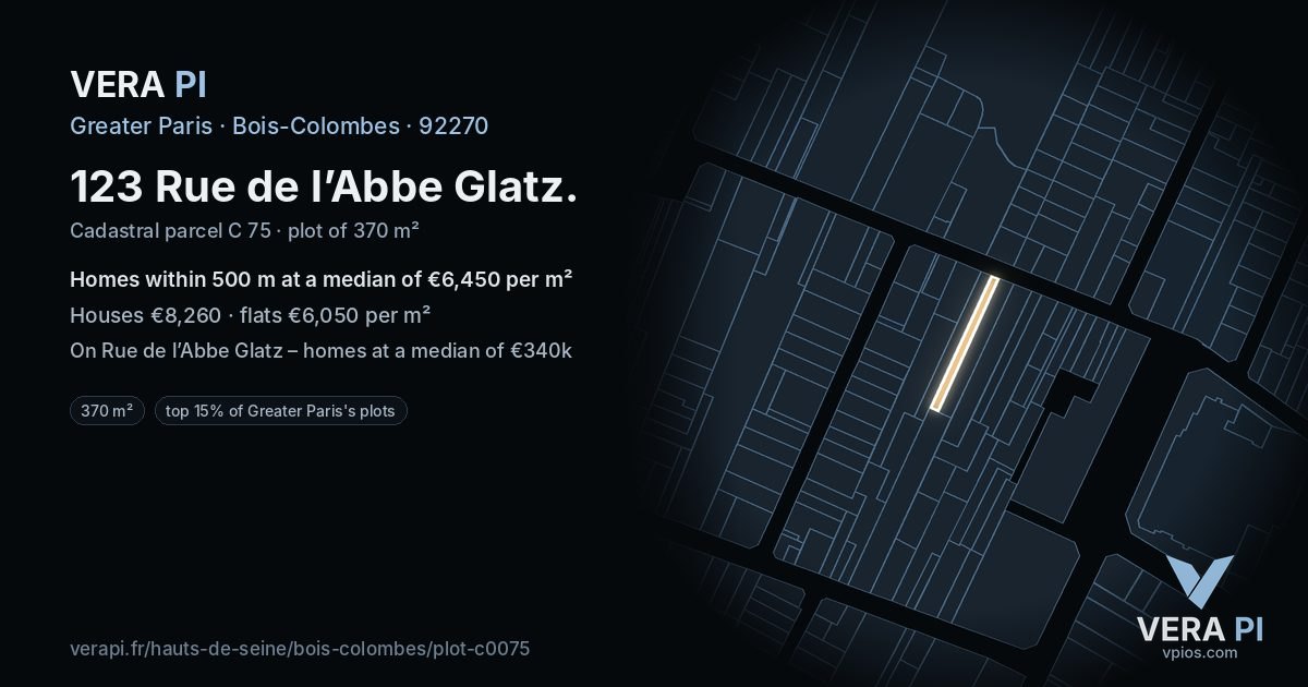 123 Rue de l’Abbe Glatz, Bois-Colombes at night – the plot lit, the parcels around coloured by the prices near them