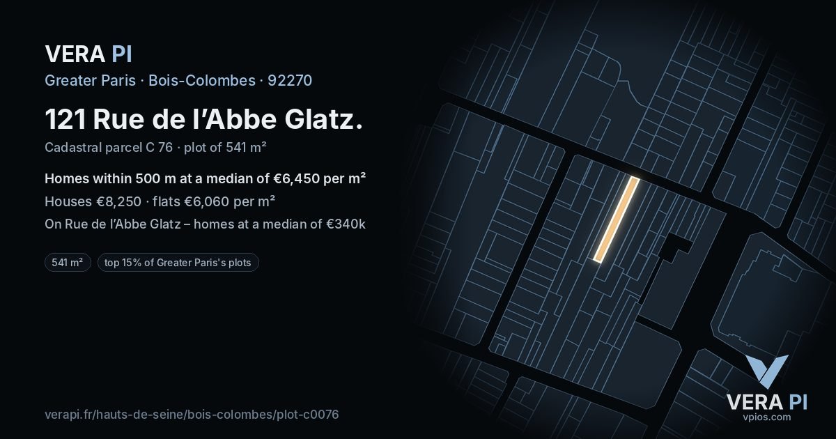 121 Rue de l’Abbe Glatz, Bois-Colombes at night – the plot lit, the parcels around coloured by the prices near them