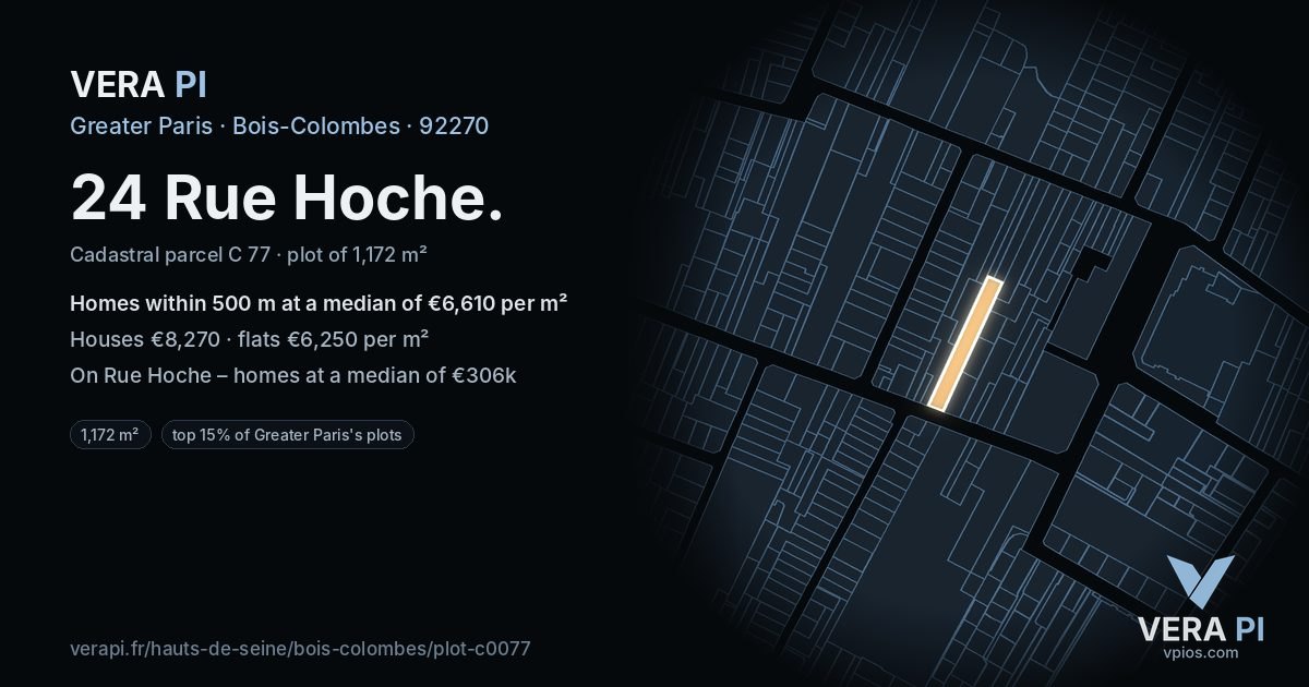 24 Rue Hoche, Bois-Colombes at night – the plot lit, the parcels around coloured by the prices near them