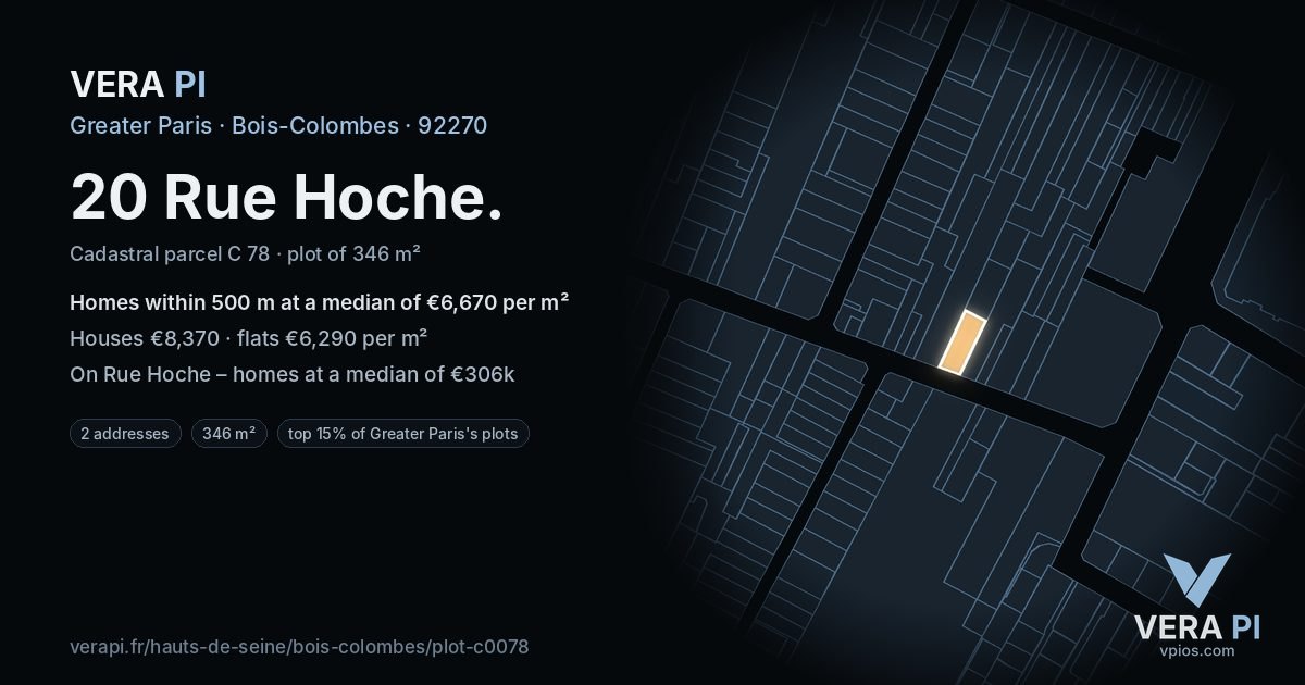 20 Rue Hoche, Bois-Colombes at night – the plot lit, the parcels around coloured by the prices near them