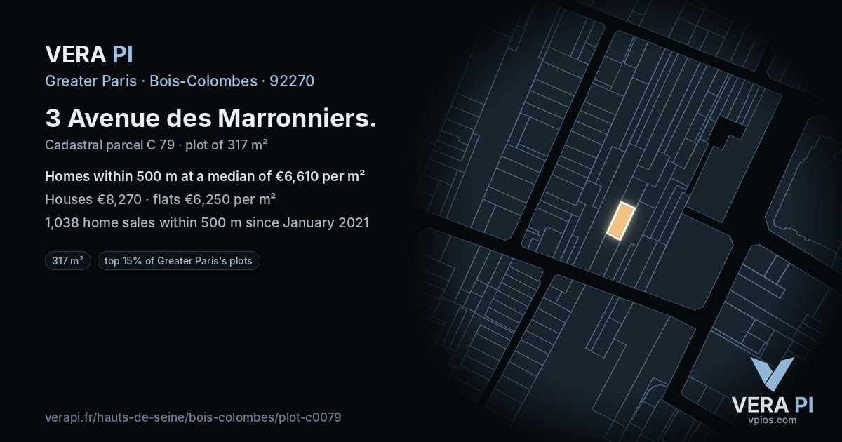 3 Avenue des Marronniers, Bois-Colombes at night – the plot lit, the parcels around coloured by the prices near them