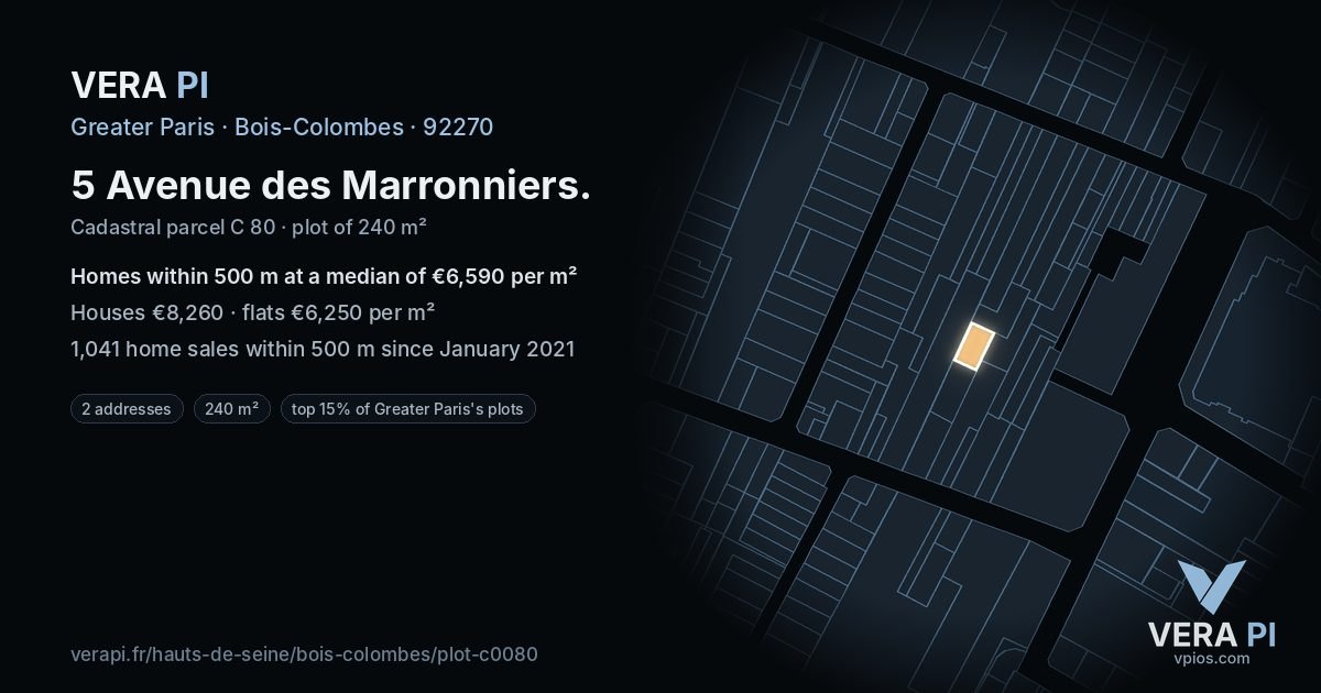 5 Avenue des Marronniers, Bois-Colombes at night – the plot lit, the parcels around coloured by the prices near them