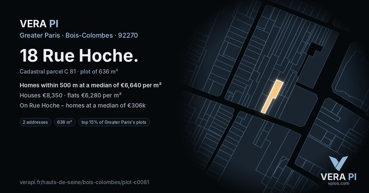 18 Rue Hoche, Bois-Colombes at night – the plot lit, the parcels around coloured by the prices near them