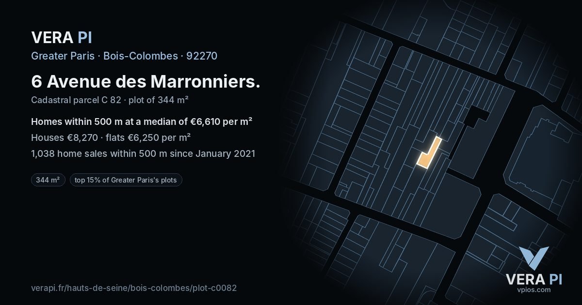 6 Avenue des Marronniers, Bois-Colombes at night – the plot lit, the parcels around coloured by the prices near them