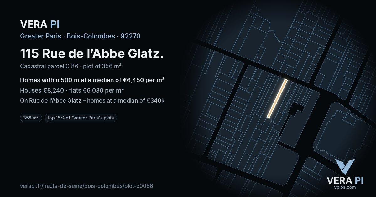 115 Rue de l’Abbe Glatz, Bois-Colombes at night – the plot lit, the parcels around coloured by the prices near them