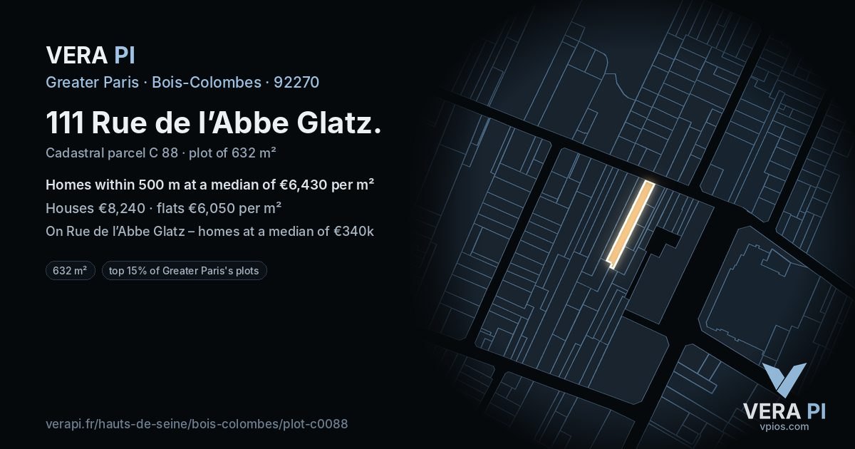 111 Rue de l’Abbe Glatz, Bois-Colombes at night – the plot lit, the parcels around coloured by the prices near them