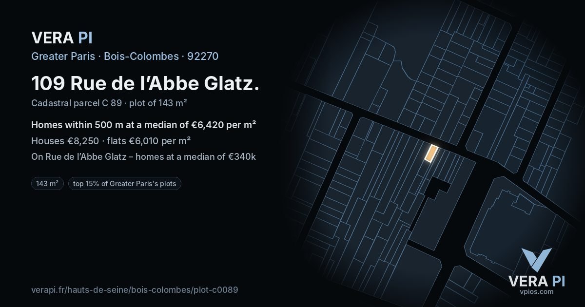 109 Rue de l’Abbe Glatz, Bois-Colombes at night – the plot lit, the parcels around coloured by the prices near them