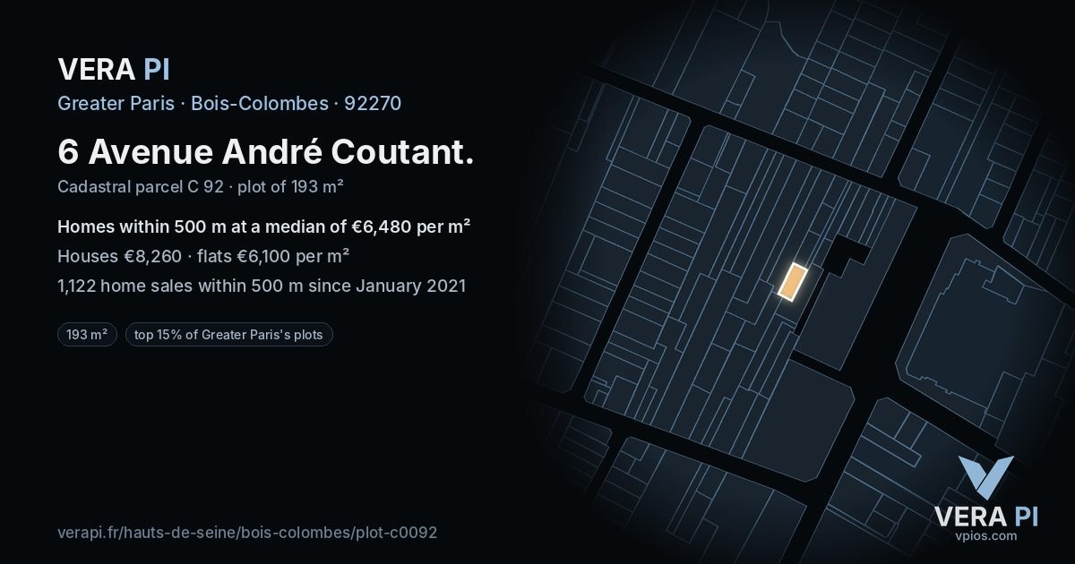 6 Avenue André Coutant, Bois-Colombes at night – the plot lit, the parcels around coloured by the prices near them