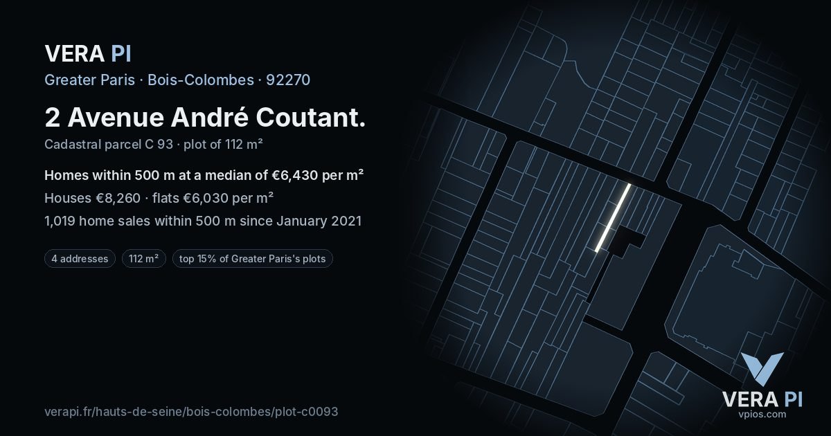 2 Avenue André Coutant, Bois-Colombes at night – the plot lit, the parcels around coloured by the prices near them