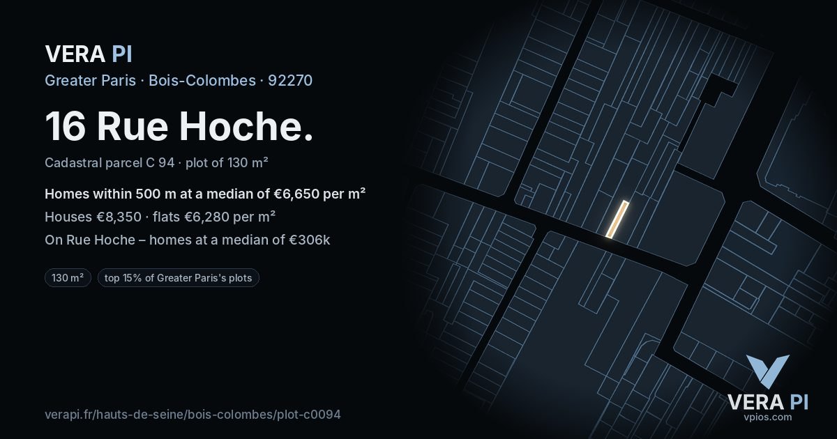 16 Rue Hoche, Bois-Colombes at night – the plot lit, the parcels around coloured by the prices near them