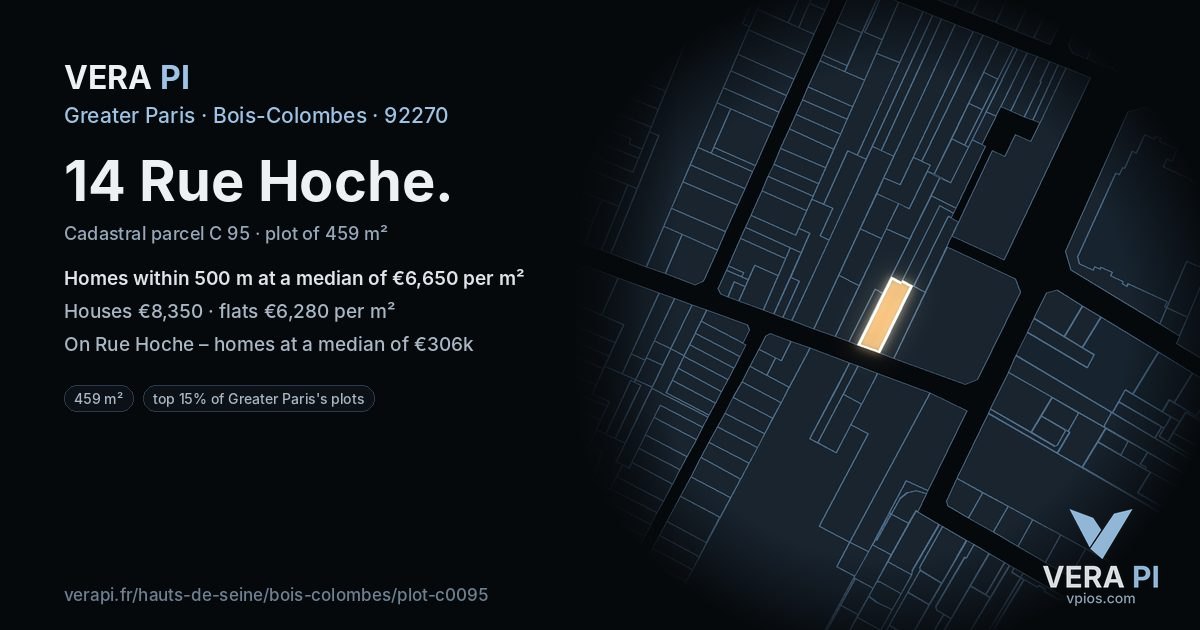 14 Rue Hoche, Bois-Colombes at night – the plot lit, the parcels around coloured by the prices near them
