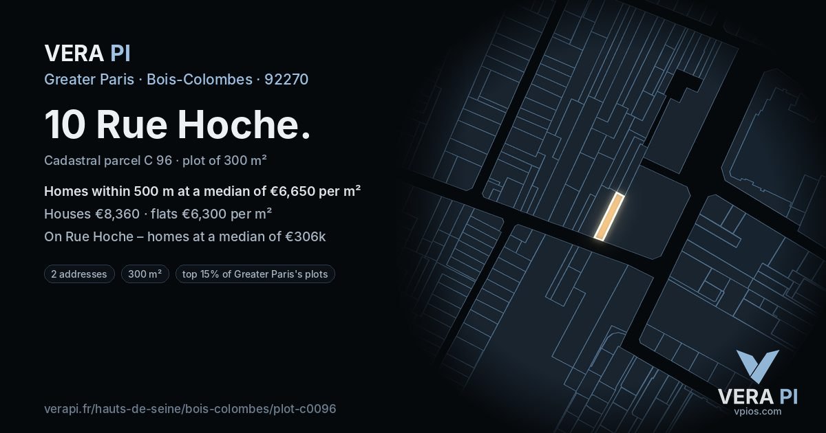 10 Rue Hoche, Bois-Colombes at night – the plot lit, the parcels around coloured by the prices near them