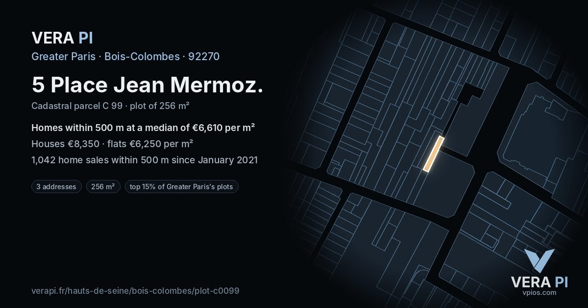 5 Place Jean Mermoz, Bois-Colombes at night – the plot lit, the parcels around coloured by the prices near them