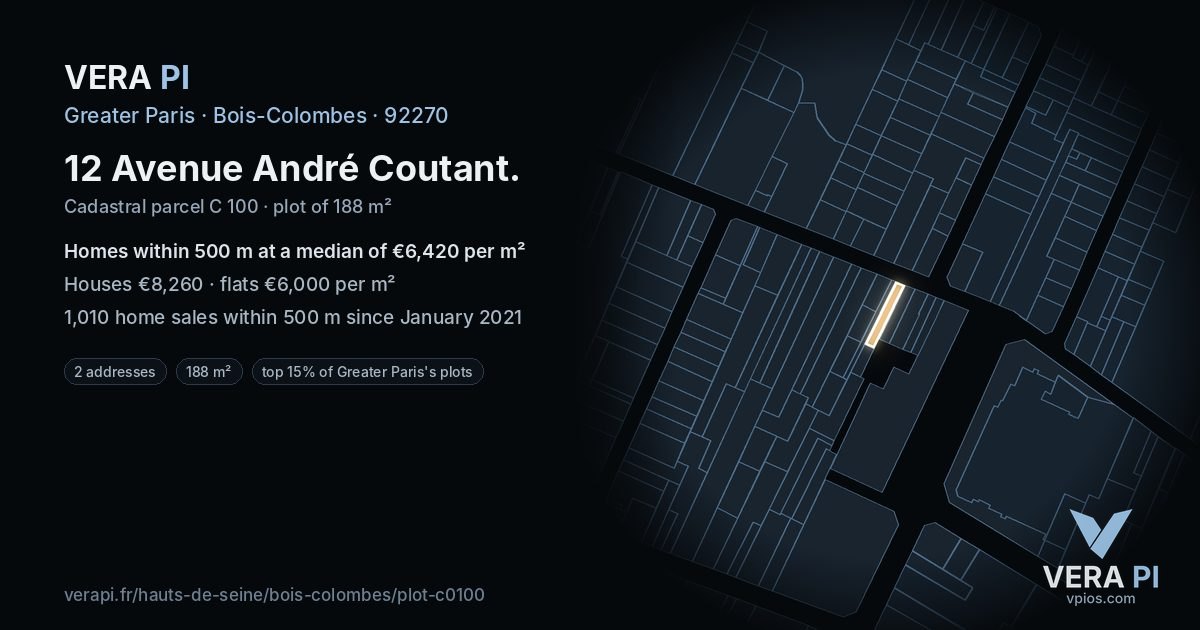 12 Avenue André Coutant, Bois-Colombes at night – the plot lit, the parcels around coloured by the prices near them