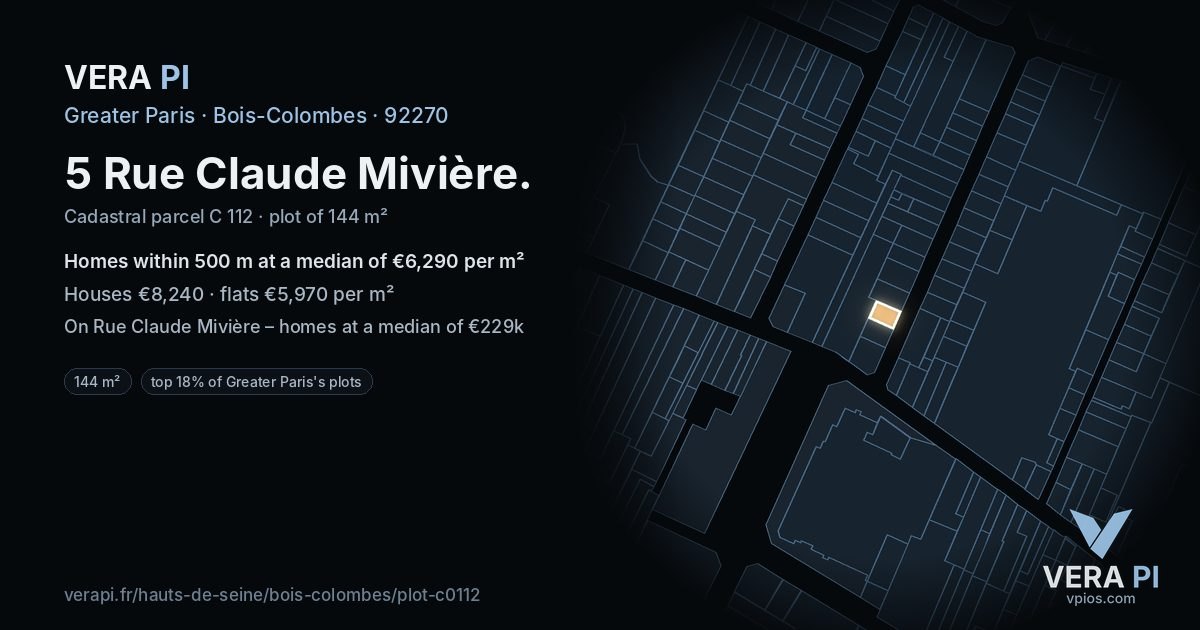 5 Rue Claude Mivière, Bois-Colombes at night – the plot lit, the parcels around coloured by the prices near them