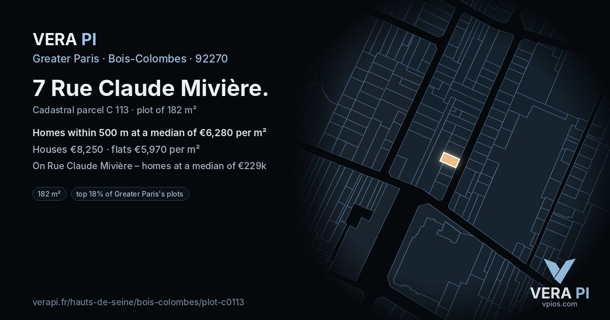 7 Rue Claude Mivière, Bois-Colombes at night – the plot lit, the parcels around coloured by the prices near them