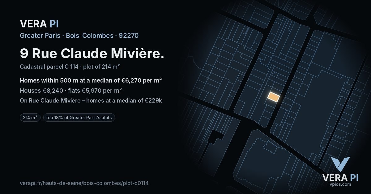 9 Rue Claude Mivière, Bois-Colombes at night – the plot lit, the parcels around coloured by the prices near them