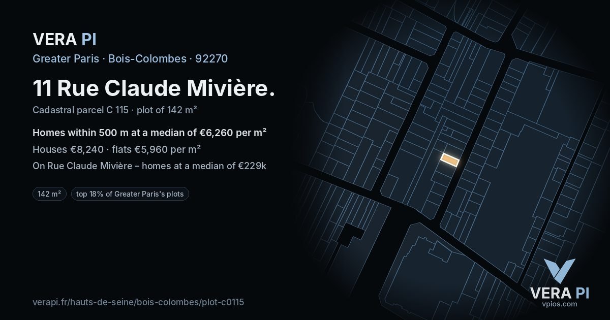 11 Rue Claude Mivière, Bois-Colombes at night – the plot lit, the parcels around coloured by the prices near them