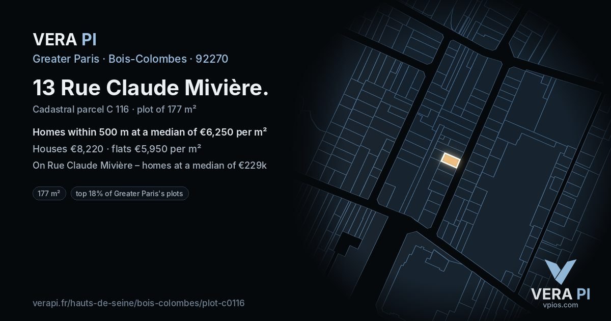 13 Rue Claude Mivière, Bois-Colombes at night – the plot lit, the parcels around coloured by the prices near them