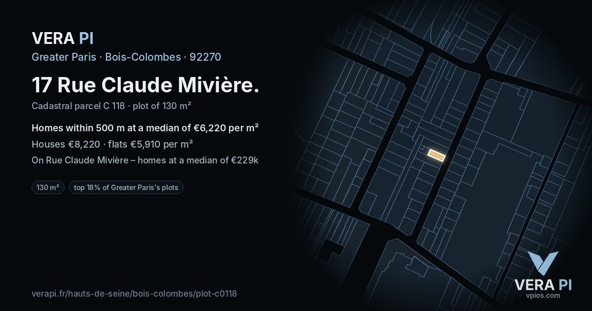 17 Rue Claude Mivière, Bois-Colombes at night – the plot lit, the parcels around coloured by the prices near them