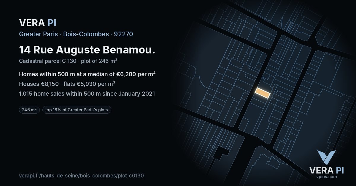 14 Rue Auguste Benamou, Bois-Colombes at night – the plot lit, the parcels around coloured by the prices near them