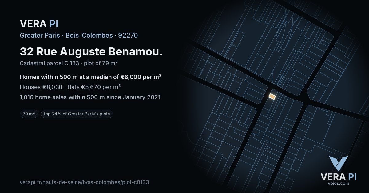 32 Rue Auguste Benamou, Bois-Colombes at night – the plot lit, the parcels around coloured by the prices near them