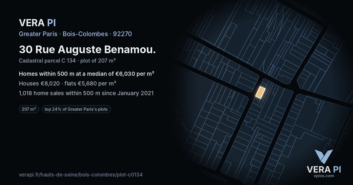 30 Rue Auguste Benamou, Bois-Colombes at night – the plot lit, the parcels around coloured by the prices near them