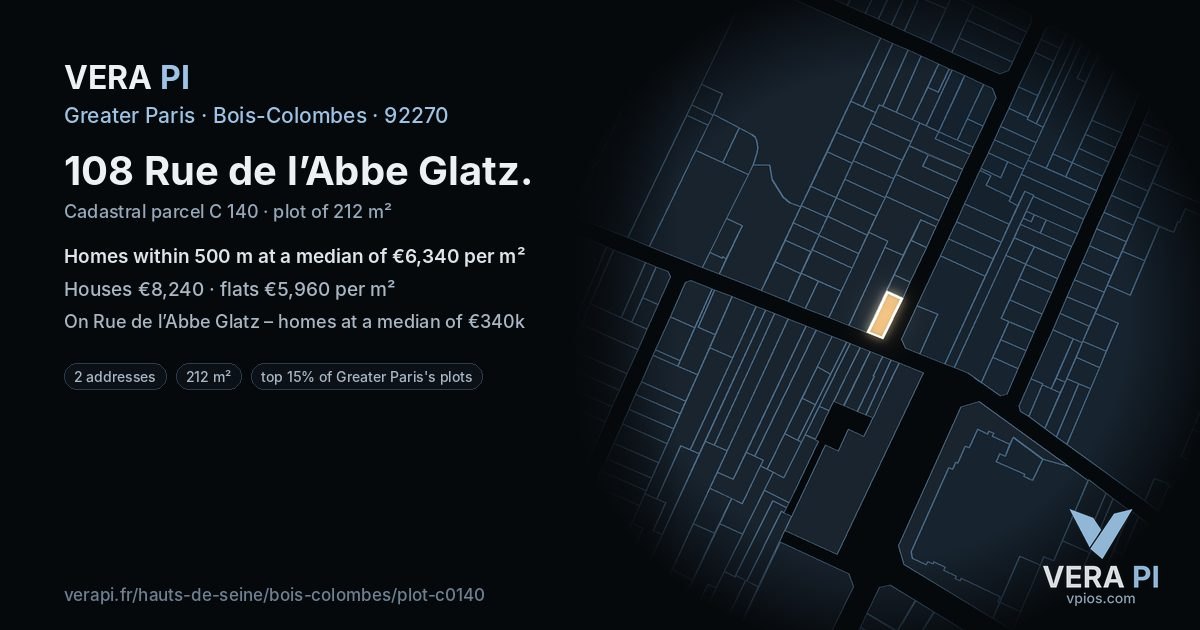 108 Rue de l’Abbe Glatz, Bois-Colombes at night – the plot lit, the parcels around coloured by the prices near them