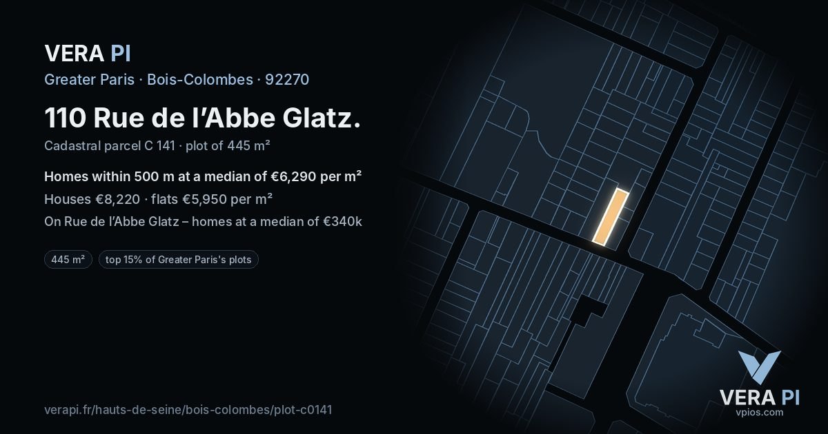 110 Rue de l’Abbe Glatz, Bois-Colombes at night – the plot lit, the parcels around coloured by the prices near them