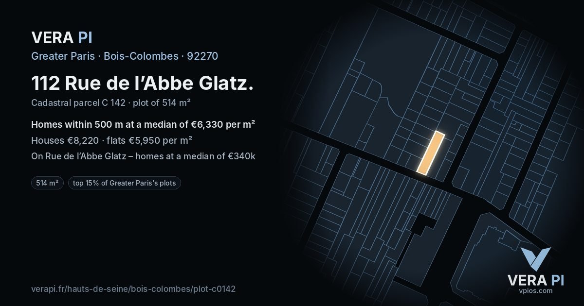 112 Rue de l’Abbe Glatz, Bois-Colombes at night – the plot lit, the parcels around coloured by the prices near them