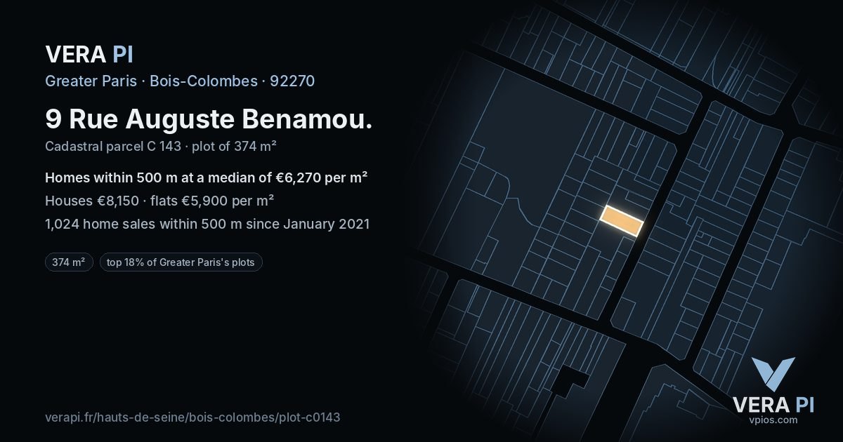 9 Rue Auguste Benamou, Bois-Colombes at night – the plot lit, the parcels around coloured by the prices near them