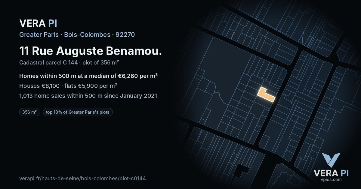 11 Rue Auguste Benamou, Bois-Colombes at night – the plot lit, the parcels around coloured by the prices near them
