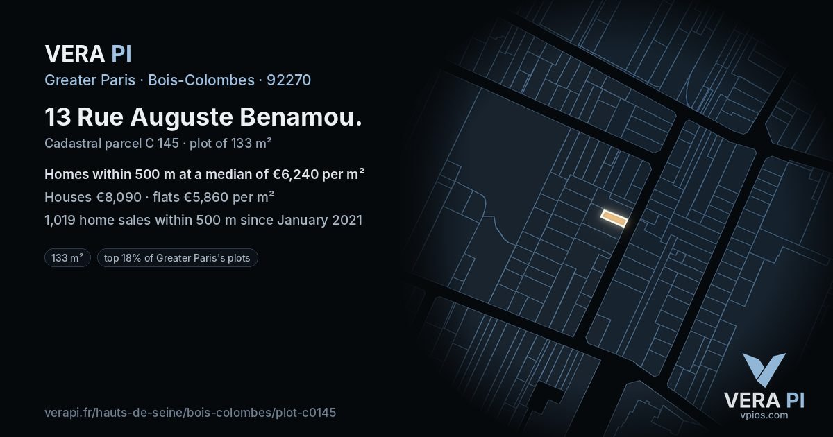 13 Rue Auguste Benamou, Bois-Colombes at night – the plot lit, the parcels around coloured by the prices near them