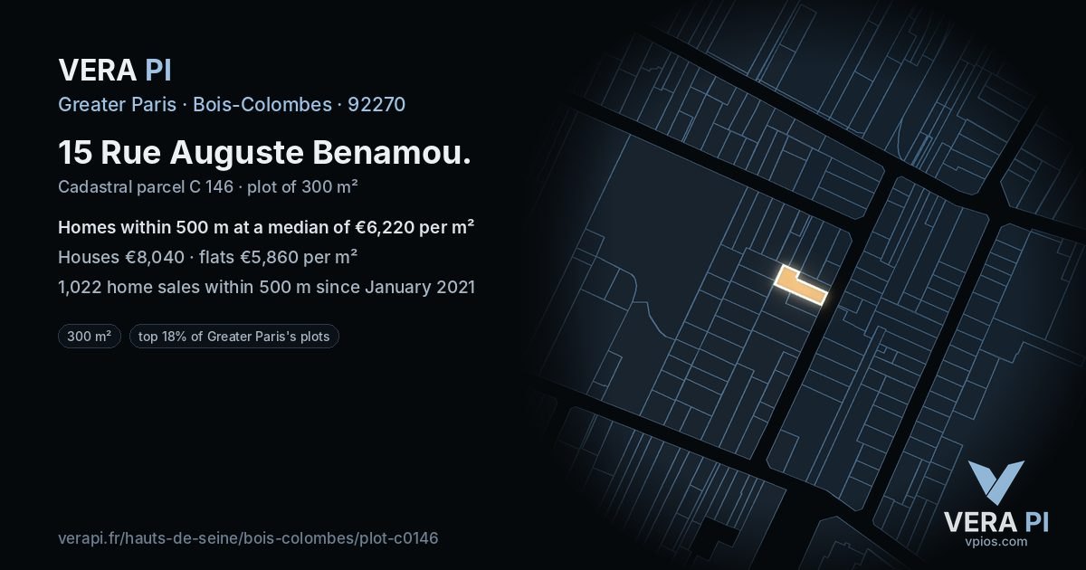 15 Rue Auguste Benamou, Bois-Colombes at night – the plot lit, the parcels around coloured by the prices near them
