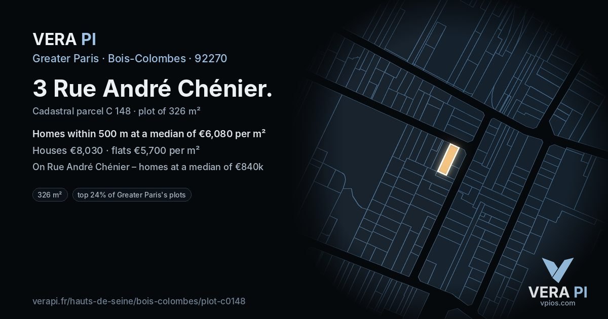 3 Rue André Chénier, Bois-Colombes at night – the plot lit, the parcels around coloured by the prices near them