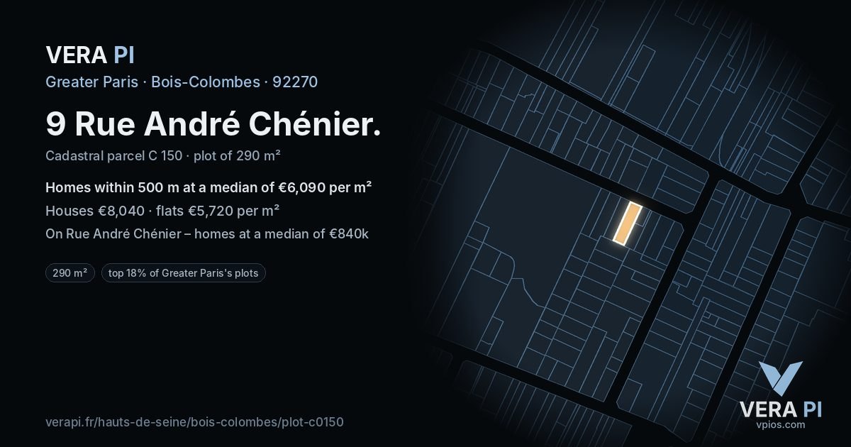 9 Rue André Chénier, Bois-Colombes at night – the plot lit, the parcels around coloured by the prices near them