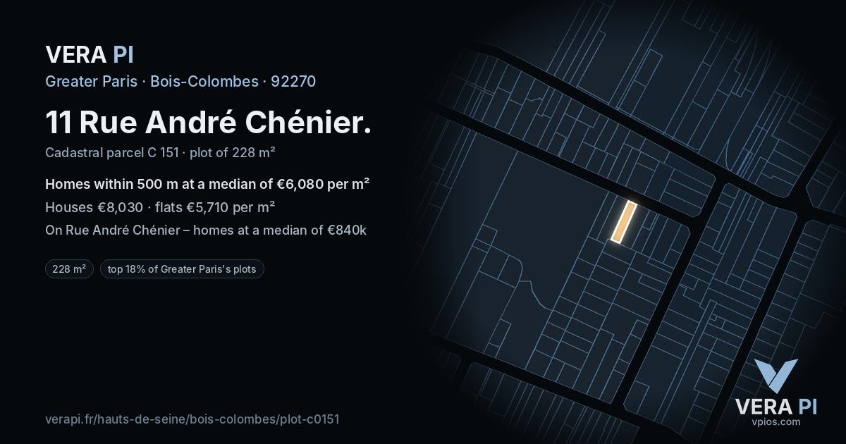 11 Rue André Chénier, Bois-Colombes at night – the plot lit, the parcels around coloured by the prices near them