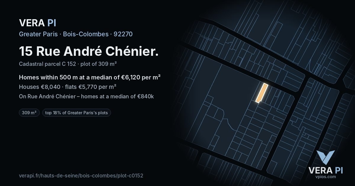 15 Rue André Chénier, Bois-Colombes at night – the plot lit, the parcels around coloured by the prices near them