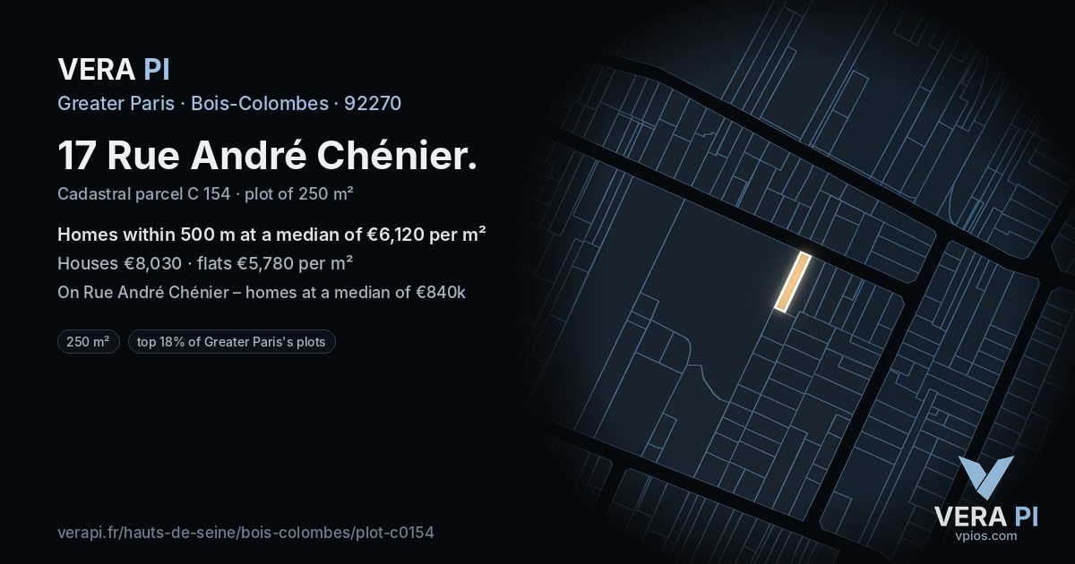 17 Rue André Chénier, Bois-Colombes at night – the plot lit, the parcels around coloured by the prices near them