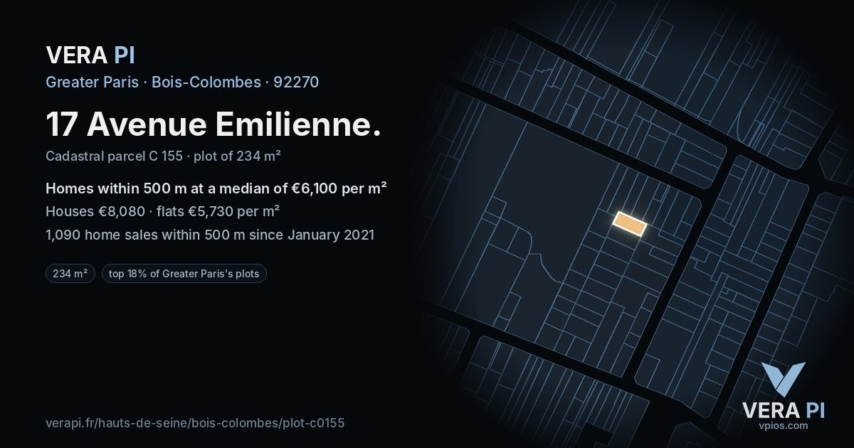 17 Avenue Emilienne, Bois-Colombes at night – the plot lit, the parcels around coloured by the prices near them