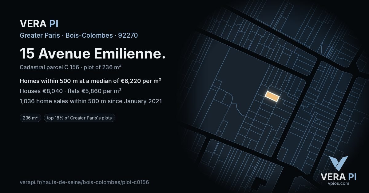 15 Avenue Emilienne, Bois-Colombes at night – the plot lit, the parcels around coloured by the prices near them
