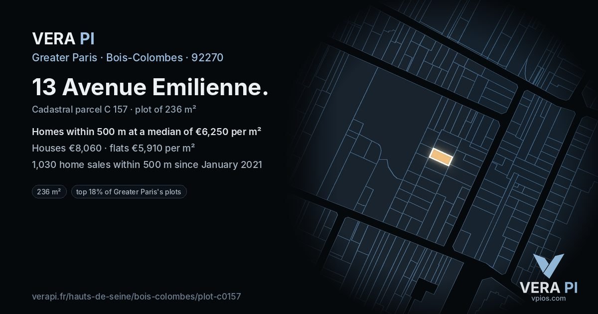 13 Avenue Emilienne, Bois-Colombes at night – the plot lit, the parcels around coloured by the prices near them