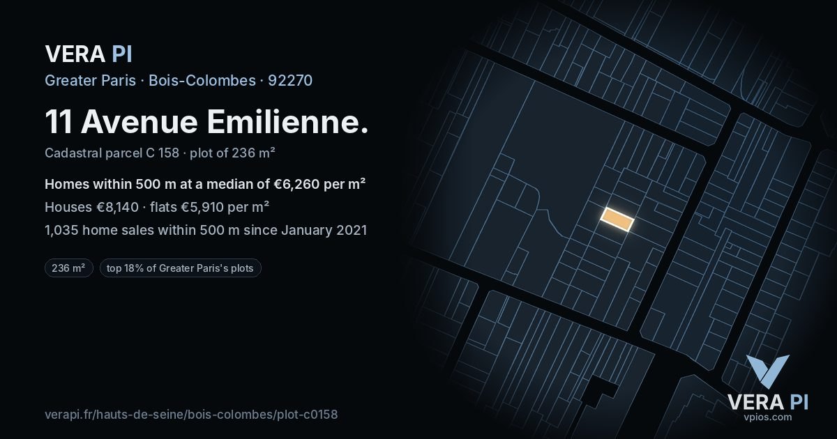 11 Avenue Emilienne, Bois-Colombes at night – the plot lit, the parcels around coloured by the prices near them