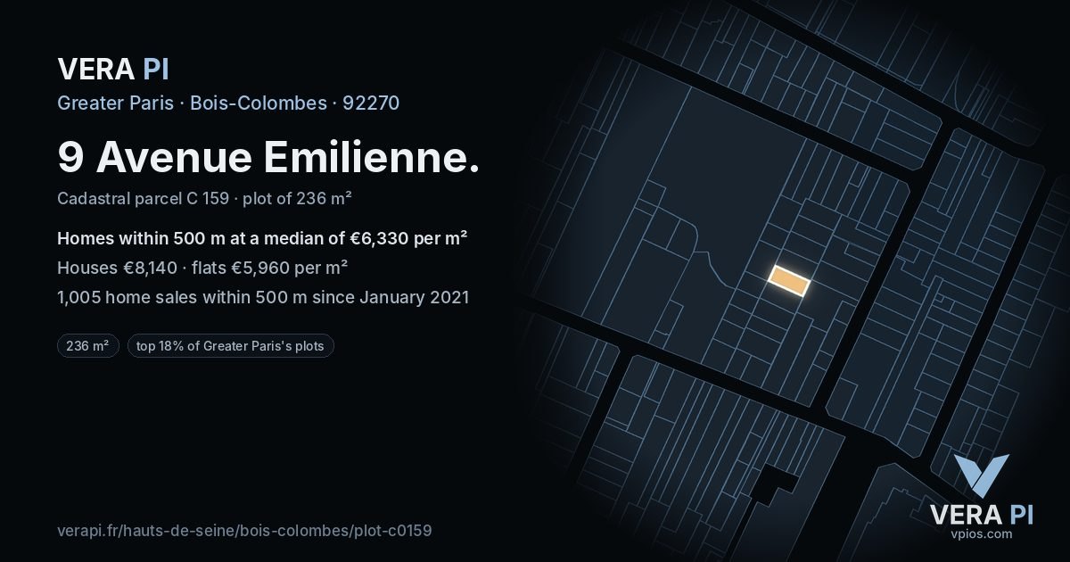 9 Avenue Emilienne, Bois-Colombes at night – the plot lit, the parcels around coloured by the prices near them